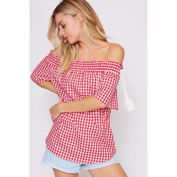 LAST ONE!! Off Shoulder Gingham Print Top - Picture 2 of 5